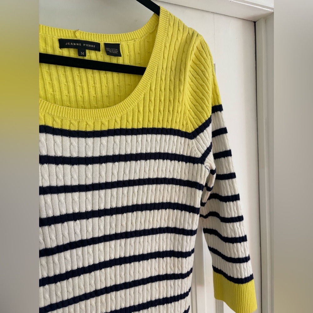 Jeanne Pierre Yellow & Navy Striped Cable Knit Sweater | Size M